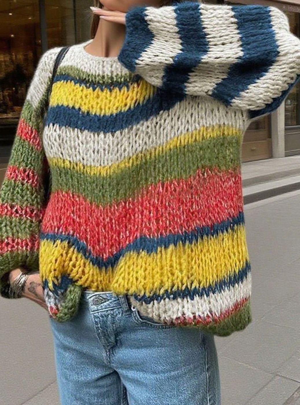Women's Colourblock Oversized Knit Cardigan Open Front Patchwork
