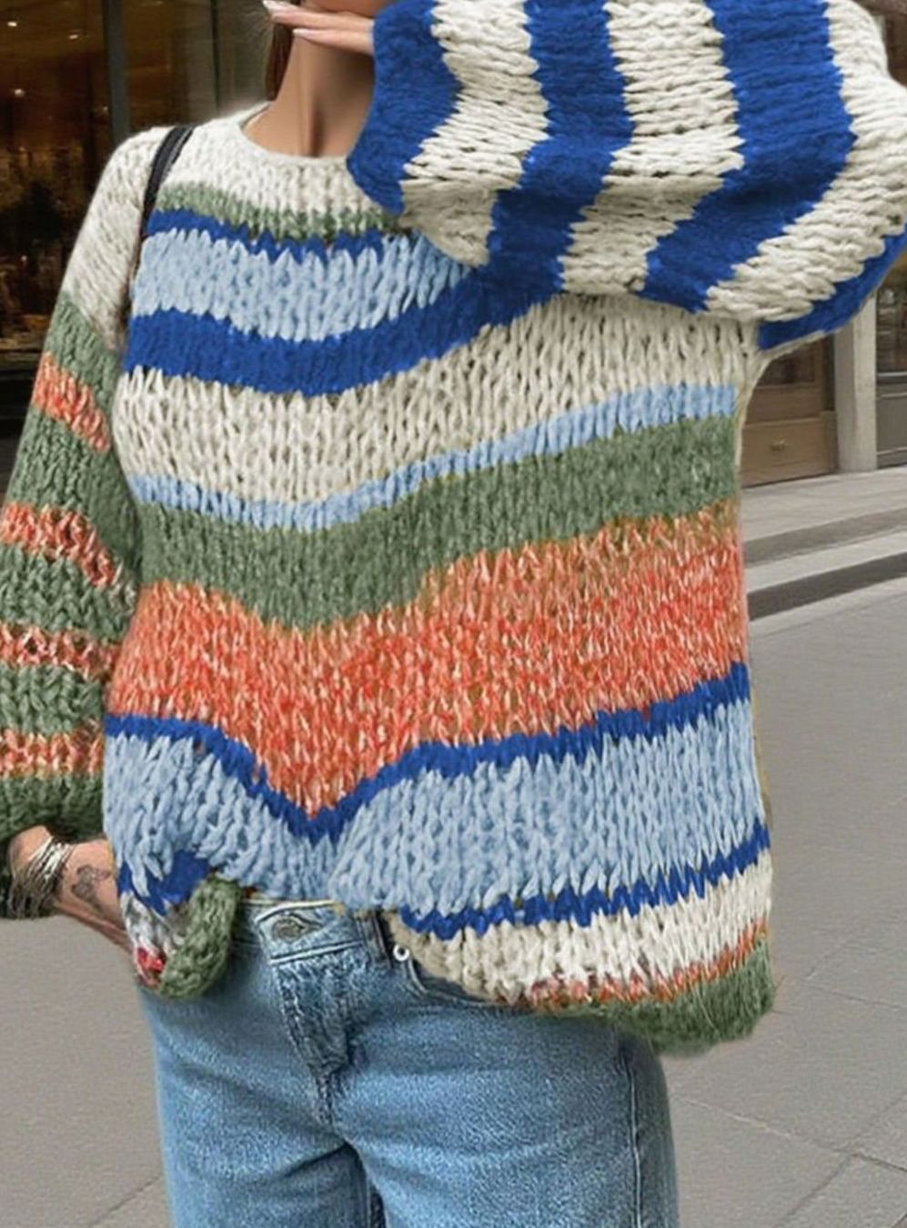 Women's Colourblock Oversized Knit Cardigan Open Front Patchwork
