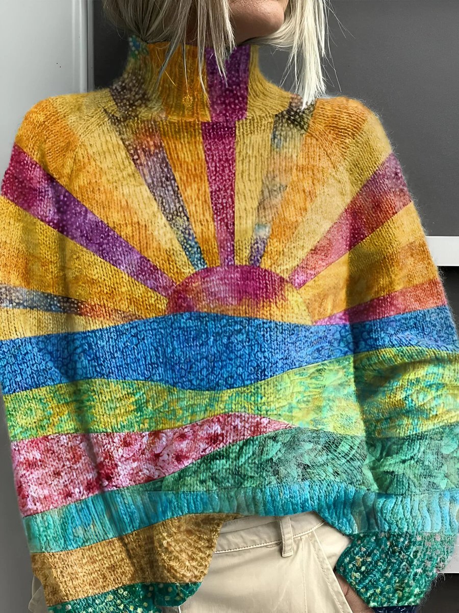 Women's Colourful Sunrise Print Knit Turtleneck Jumper