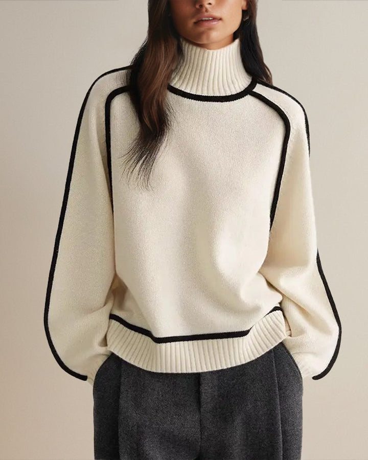 Women's Contrast-Trim Relaxed-Fit Knit Turtleneck Jumper