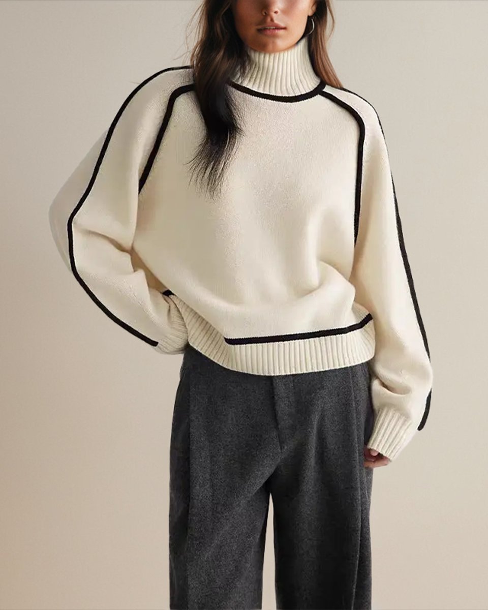 Women's Contrast-Trim Relaxed-Fit Knit Turtleneck Jumper