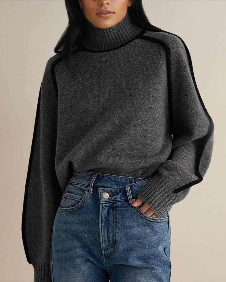 Women's Contrast-Trim Relaxed-Fit Knit Turtleneck Jumper
