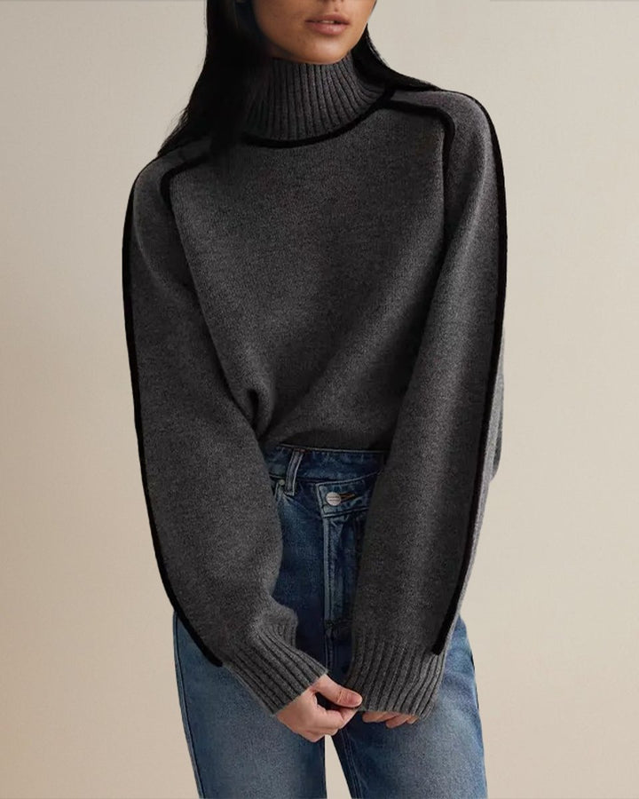 Women's Contrast-Trim Relaxed-Fit Knit Turtleneck Jumper