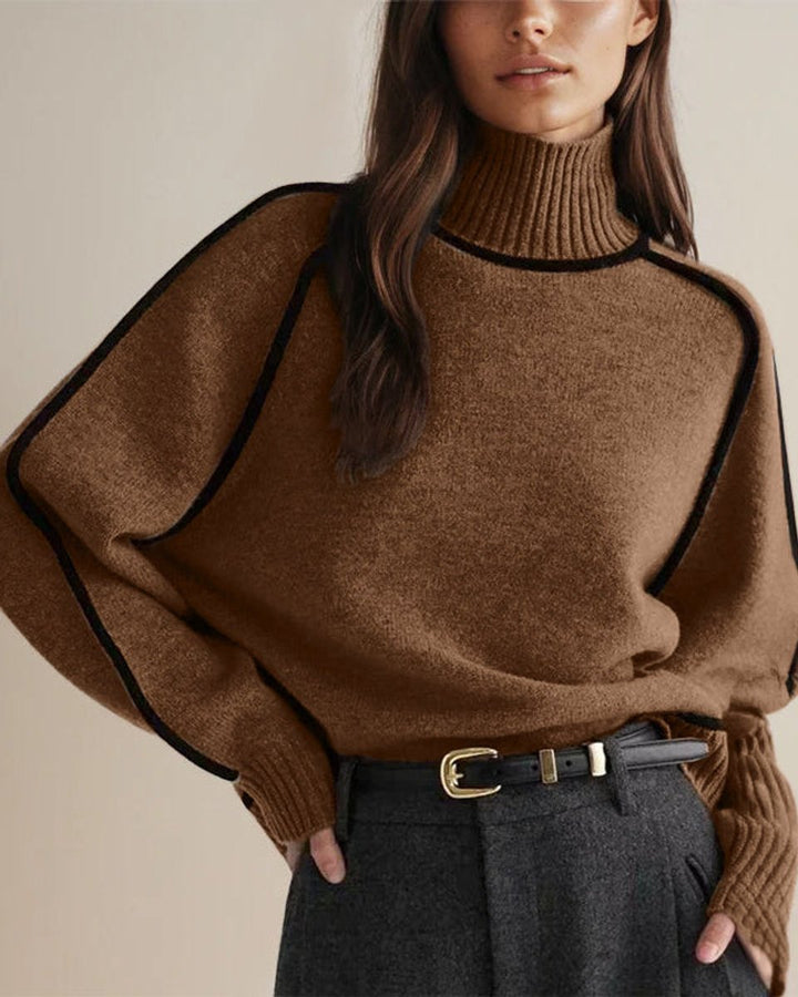 Women's Contrast-Trim Relaxed-Fit Knit Turtleneck Jumper