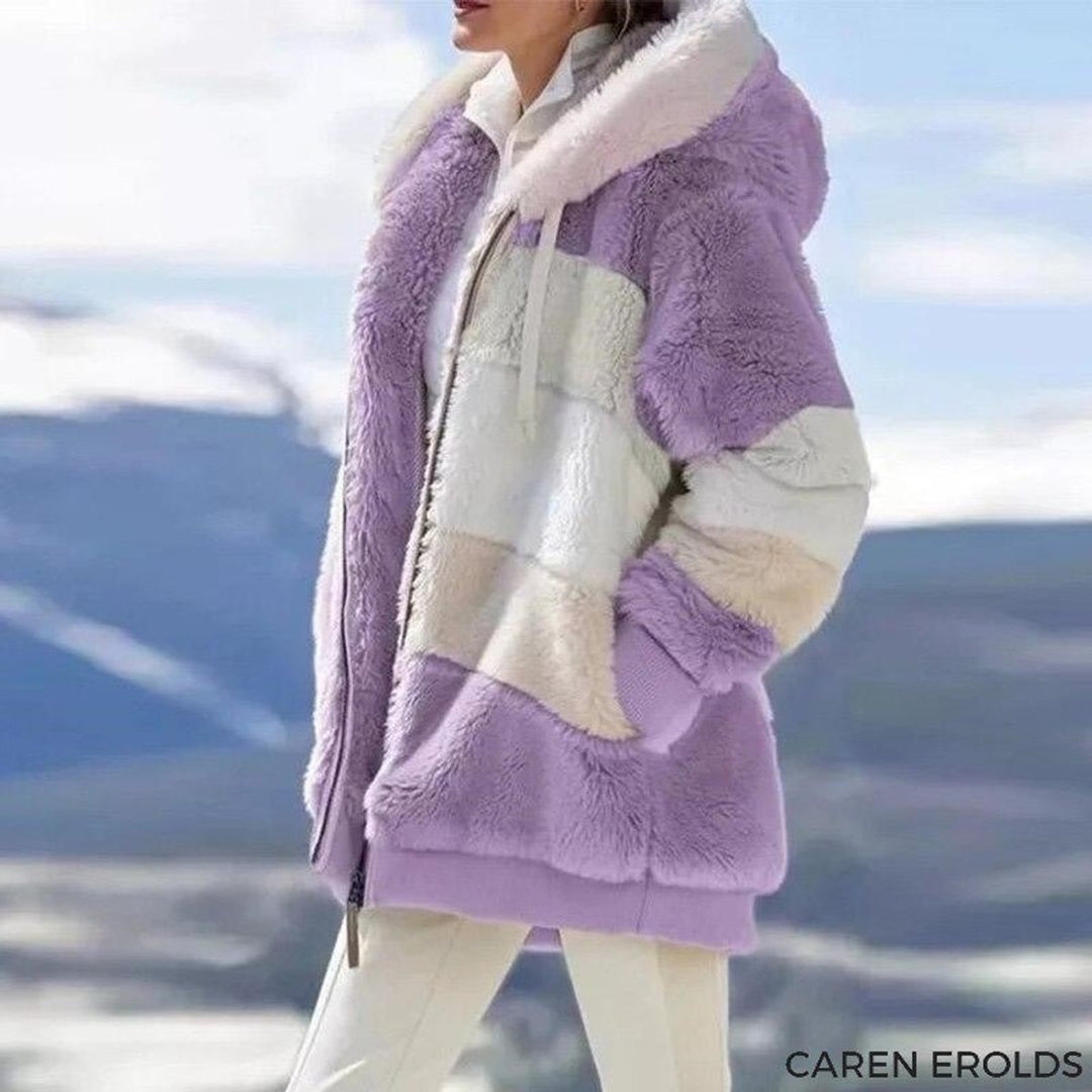Women's Cozy Patchwork Zip-Up Faux Fur Coat - Violet