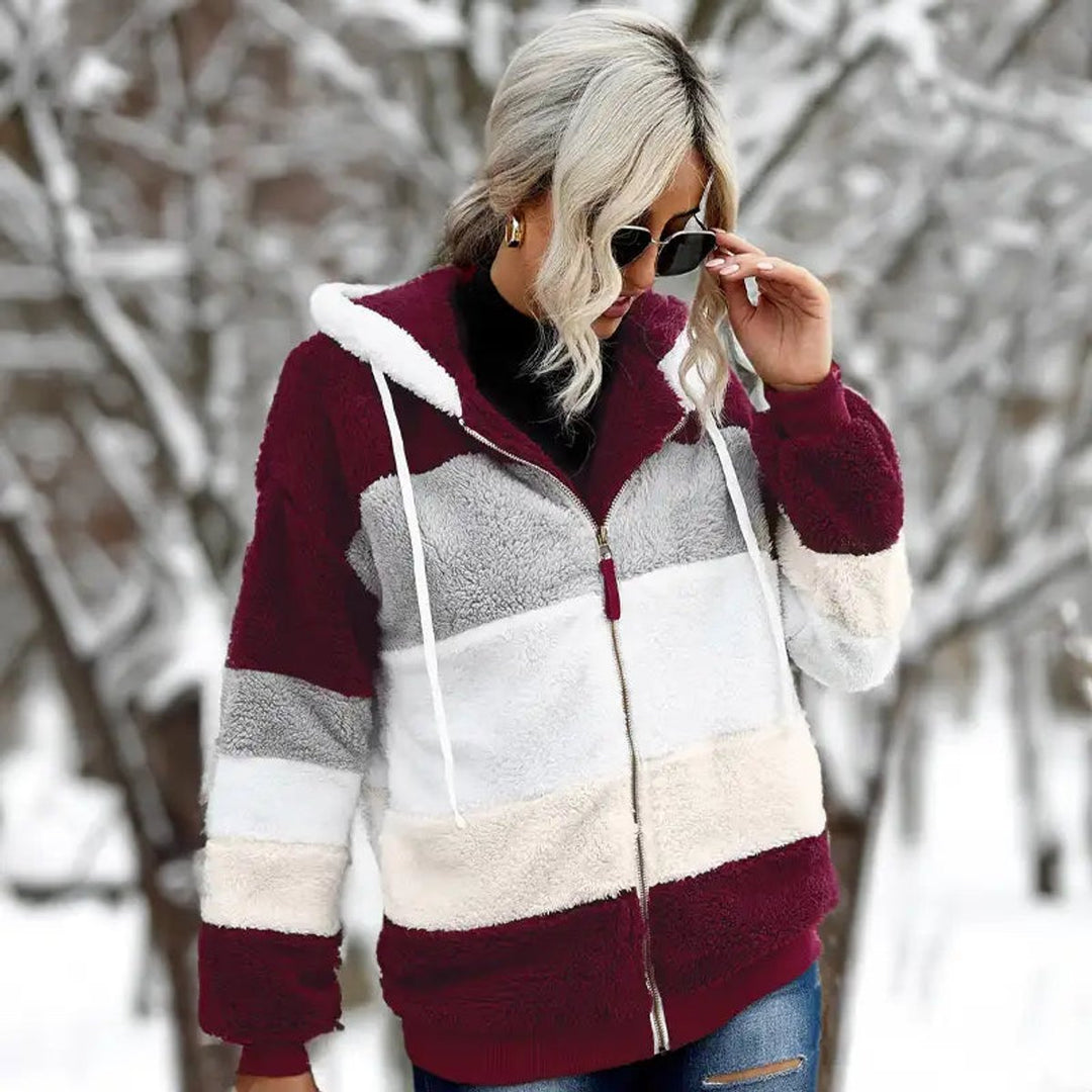 Women's Cozy Patchwork Zip-Up Faux Fur Coat