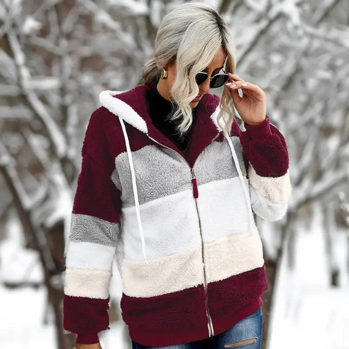 Women's Cozy Patchwork Zip-Up Faux Fur Coat
