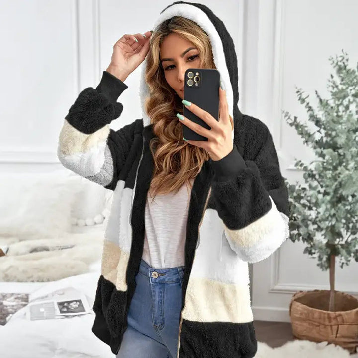 Women's Cozy Patchwork Zip-Up Faux Fur Coat