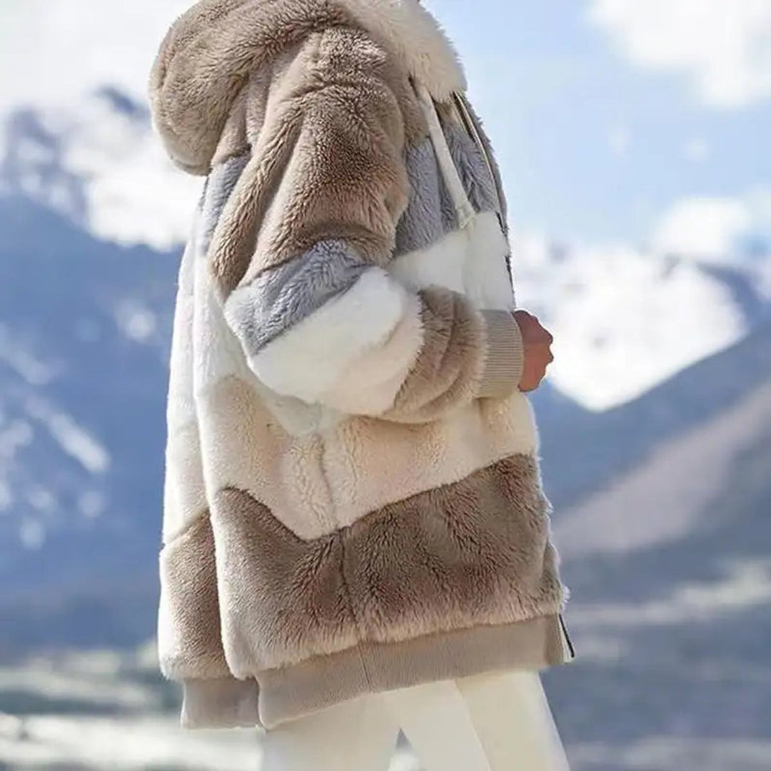 Women's Cozy Patchwork Zip-Up Faux Fur Coat