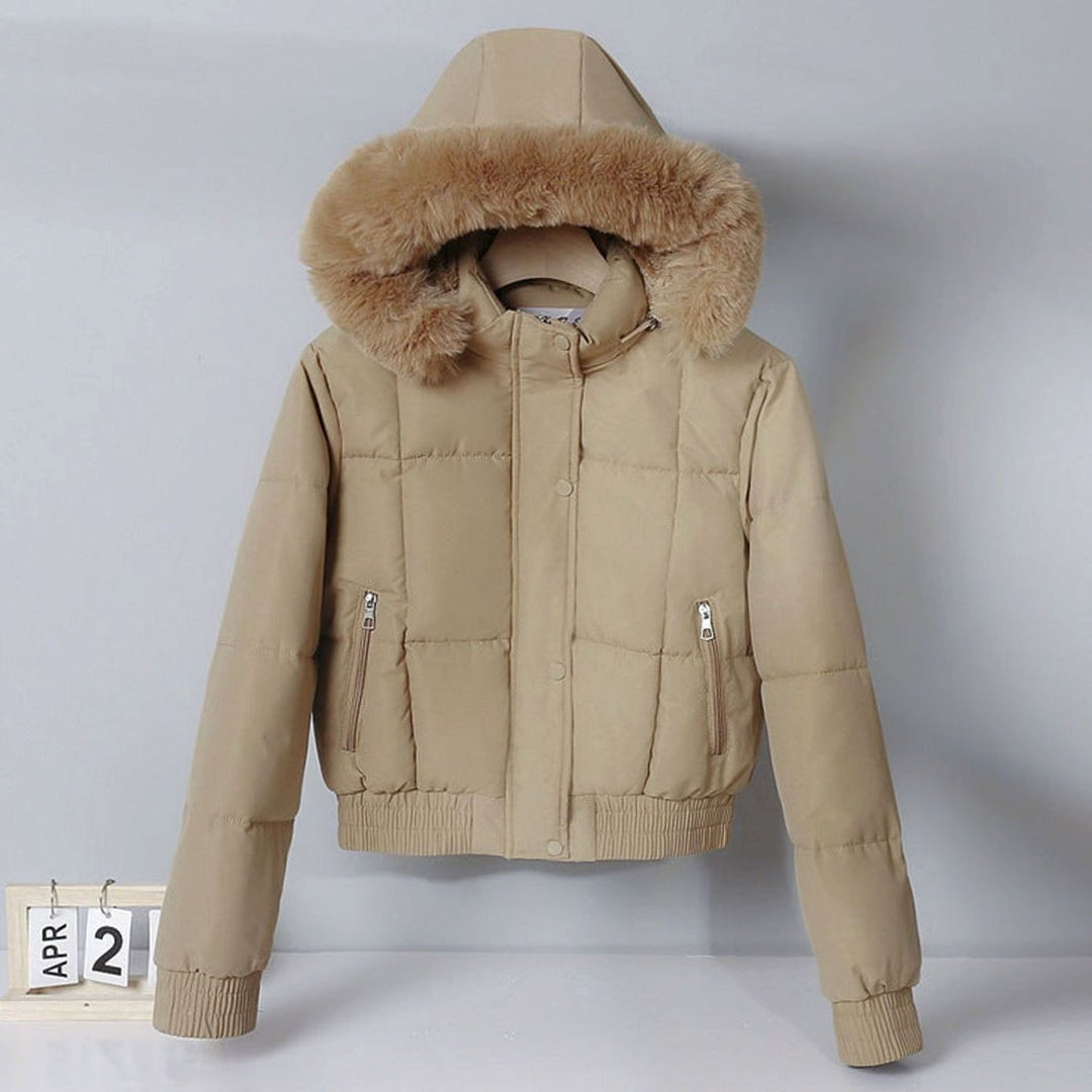 Women's Cropped Faux Fur Hood Quilted Puffer Jacket - Khaki