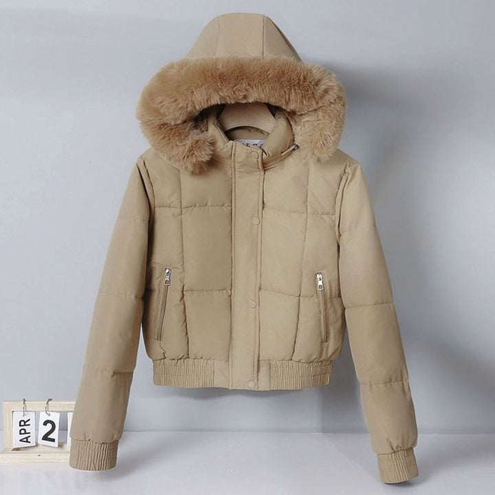 Women's Cropped Faux Fur Hood Quilted Puffer Jacket - Khaki