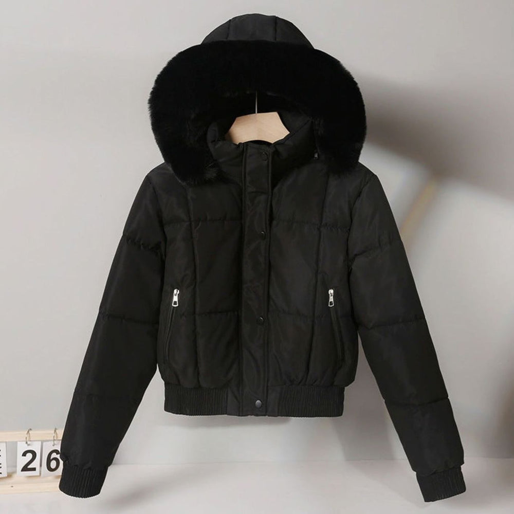 Women's Cropped Faux Fur Hood Quilted Puffer Jacket - Black