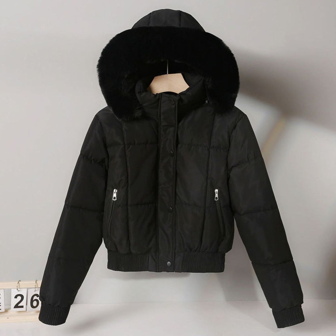 Women's Cropped Faux Fur Hood Quilted Puffer Jacket - Black