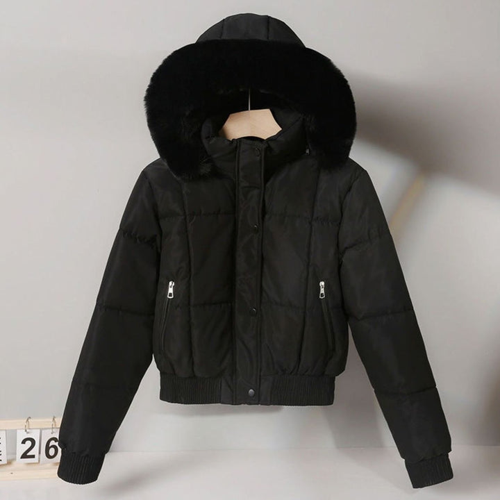 Women's Cropped Faux Fur Hood Quilted Puffer Jacket - Black