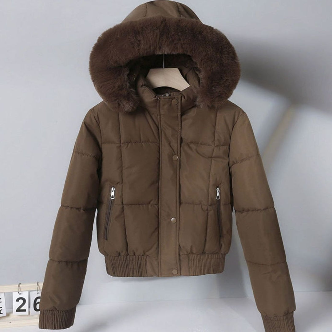 Women's Cropped Faux Fur Hood Quilted Puffer Jacket - Brown