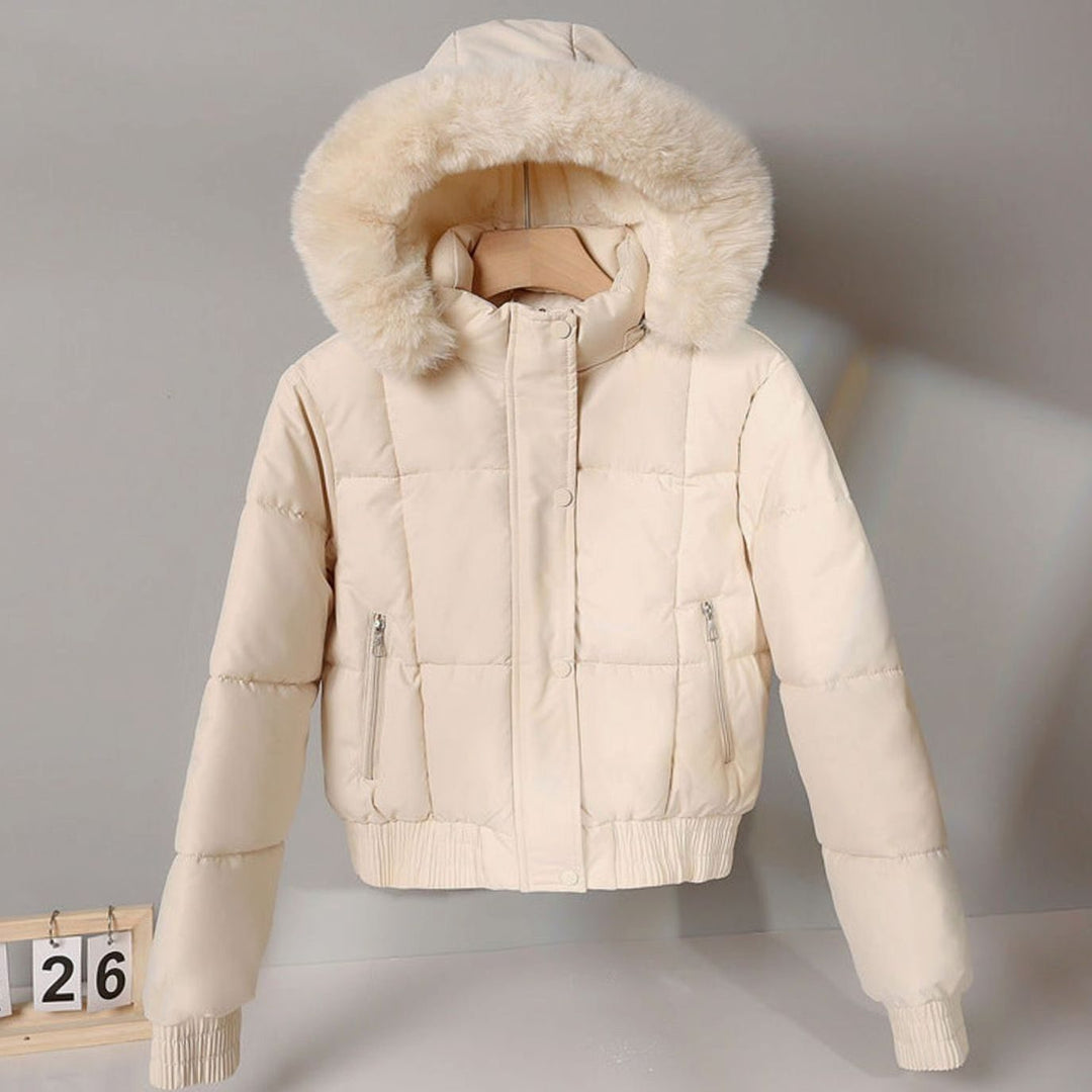 Women's Cropped Faux Fur Hood Quilted Puffer Jacket - Off White