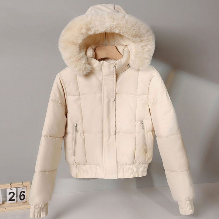 Women's Cropped Faux Fur Hood Quilted Puffer Jacket - Off White