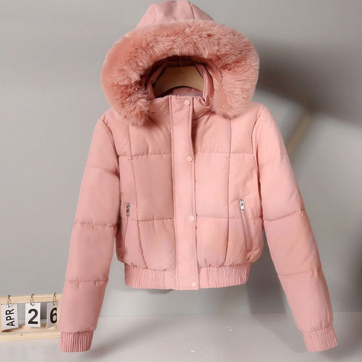 Women's Cropped Faux Fur Hood Quilted Puffer Jacket - Pink