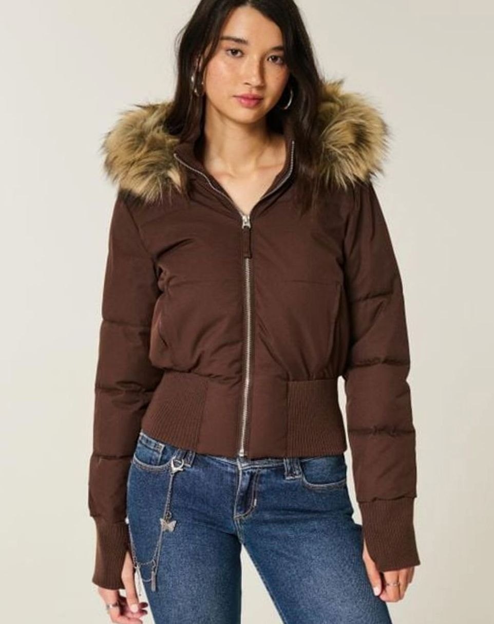 Women's Cropped Faux Fur Hood zip-Up Puffer Jacket - Brown