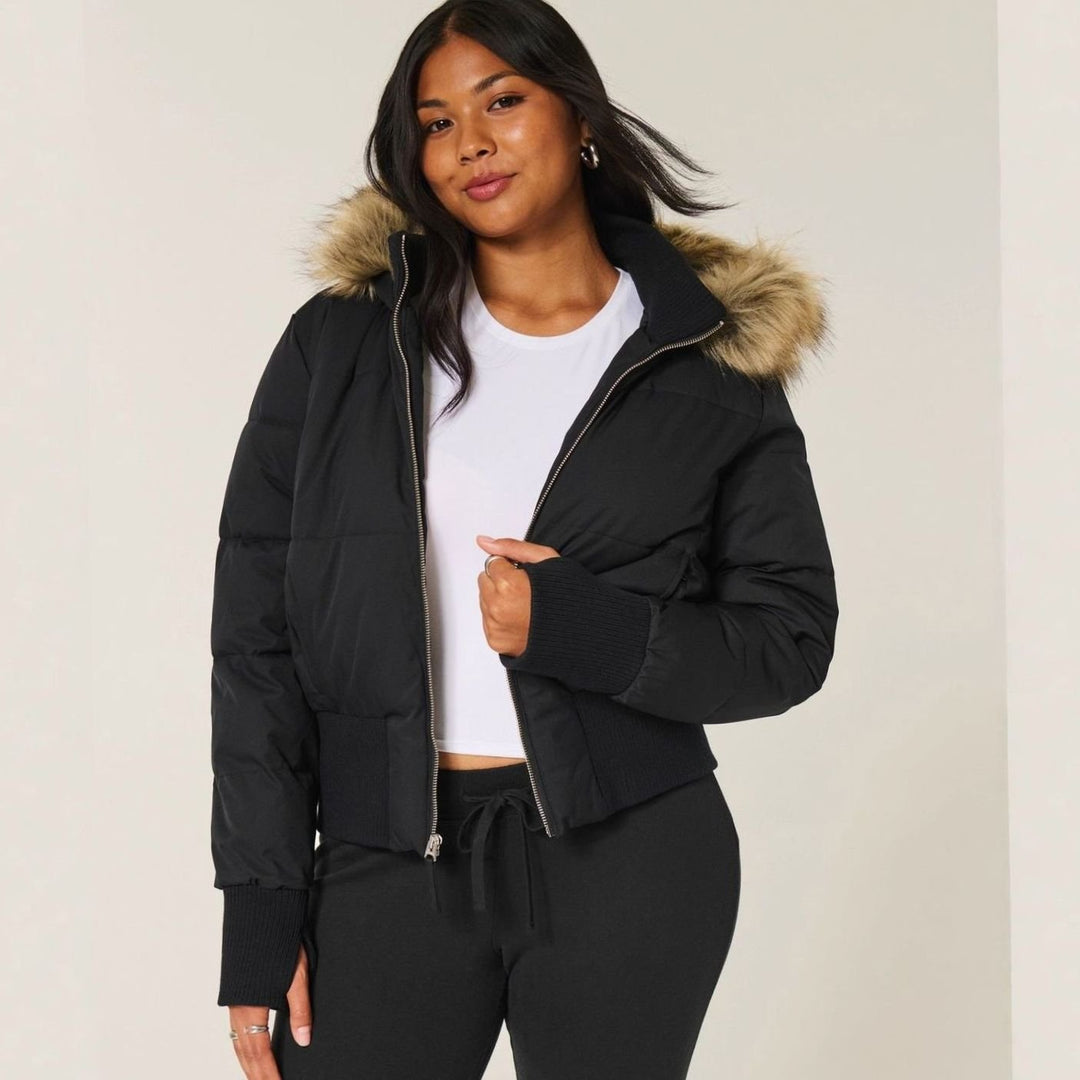 Women's Cropped Faux Fur Hood zip-Up Puffer Jacket