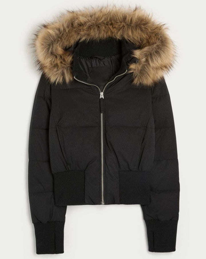 Women's Cropped Faux Fur Hood zip-Up Puffer Jacket - Black