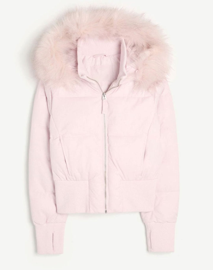Women's Cropped Faux Fur Hood zip-Up Puffer Jacket - Pink