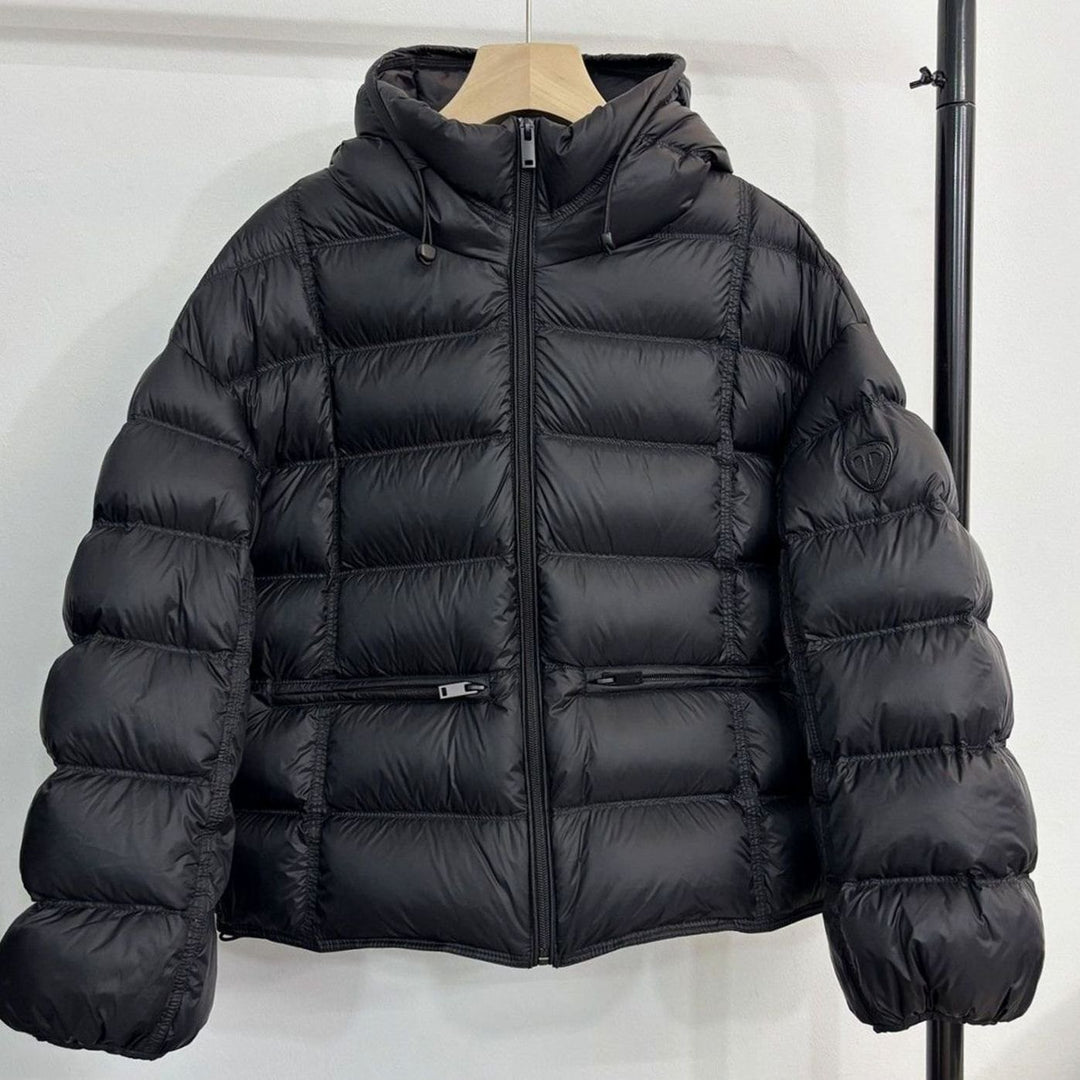 Women's Cropped Hooded Quilted Puffer Jacket Zip Pockets - Black