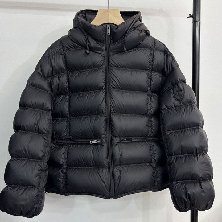 Women's Cropped Hooded Quilted Puffer Jacket Zip Pockets - Black