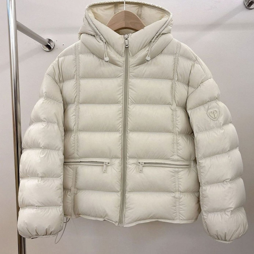 Women's Cropped Hooded Quilted Puffer Jacket Zip Pockets - Off-White