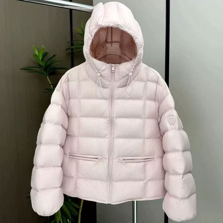 Women's Cropped Hooded Quilted Puffer Jacket Zip Pockets - Pink