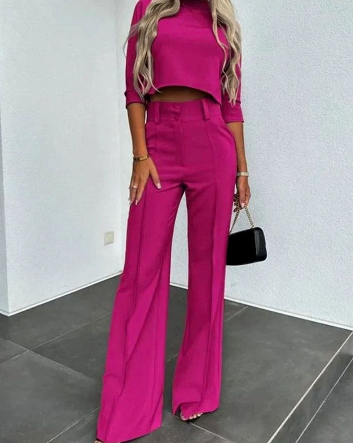 Women's Cropped Matching Top High-Waist Wide-Leg Trouser Two-Piece Set