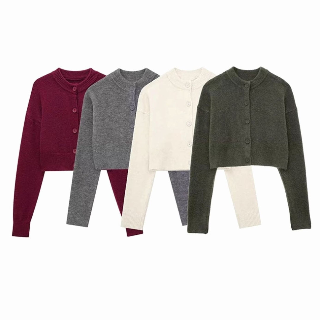 Women's Cropped Oversized Knit Cardigan Round Neck Button-Up