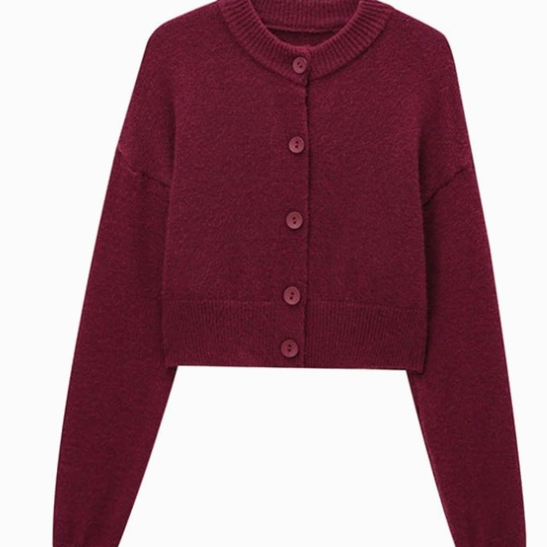 Women's Cropped Oversized Knit Cardigan Round Neck Button-Up