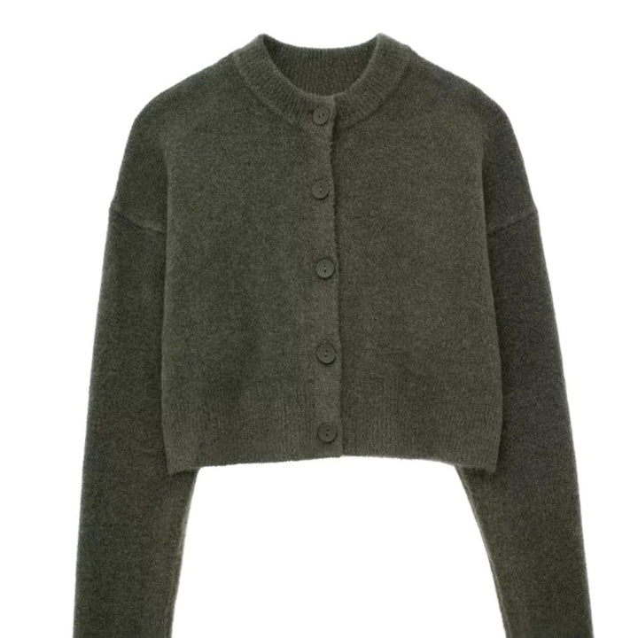 Women's Cropped Oversized Knit Cardigan Round Neck Button-Up