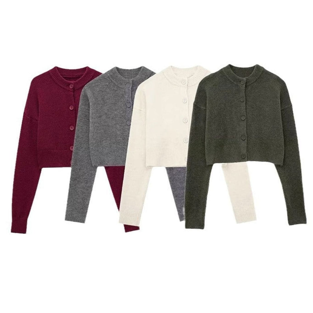 Women's Cropped Oversized Knit Cardigan Round Neck Button-Up