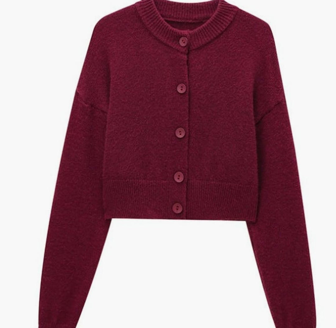 Women's Cropped Oversized Knit Cardigan Round Neck Button-Up