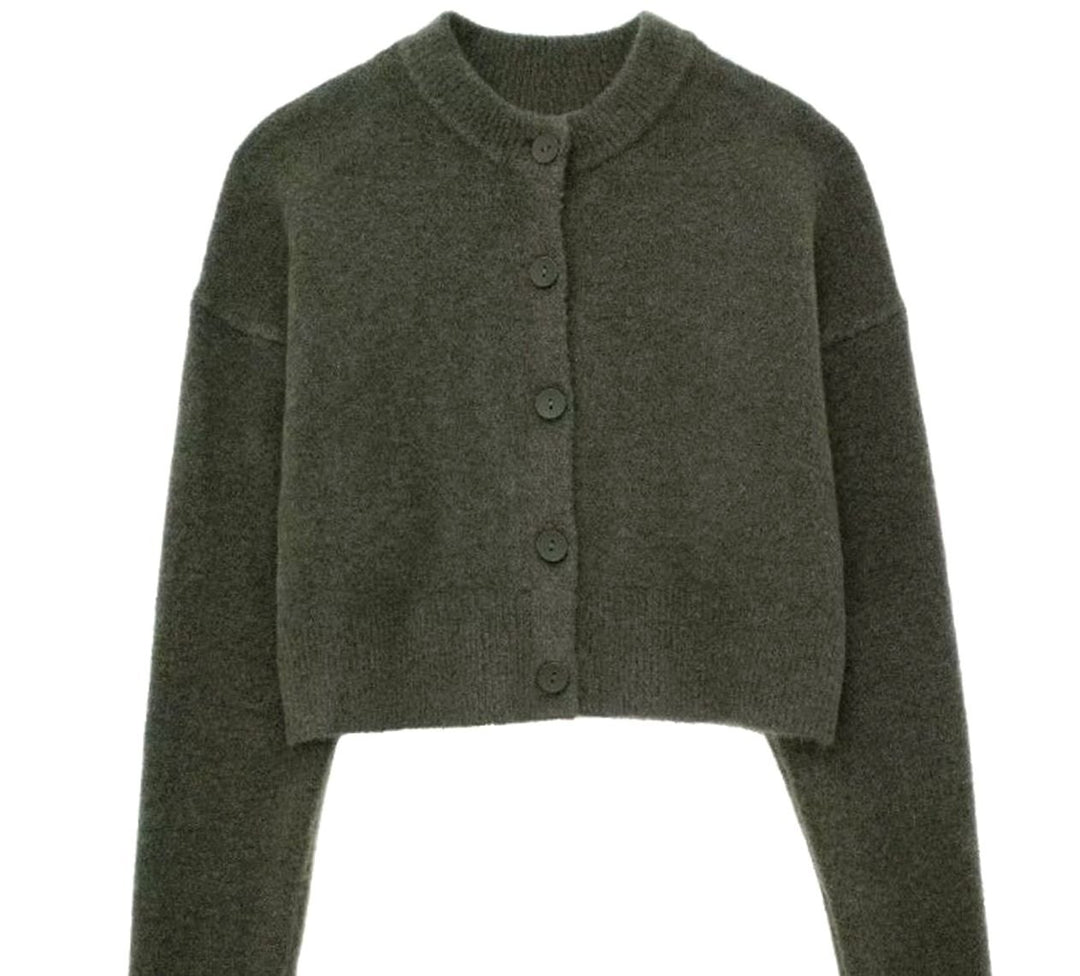 Women's Cropped Oversized Knit Cardigan Round Neck Button-Up