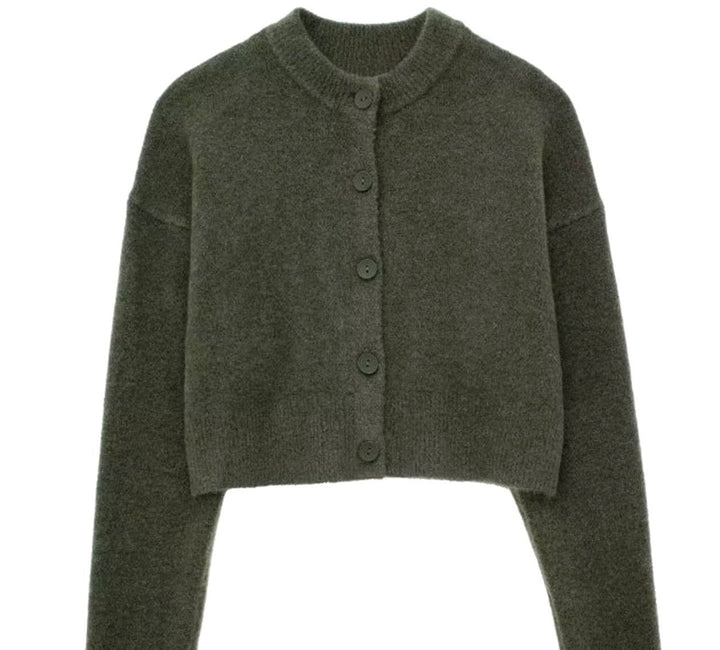 Women's Cropped Oversized Knit Cardigan Round Neck Button-Up