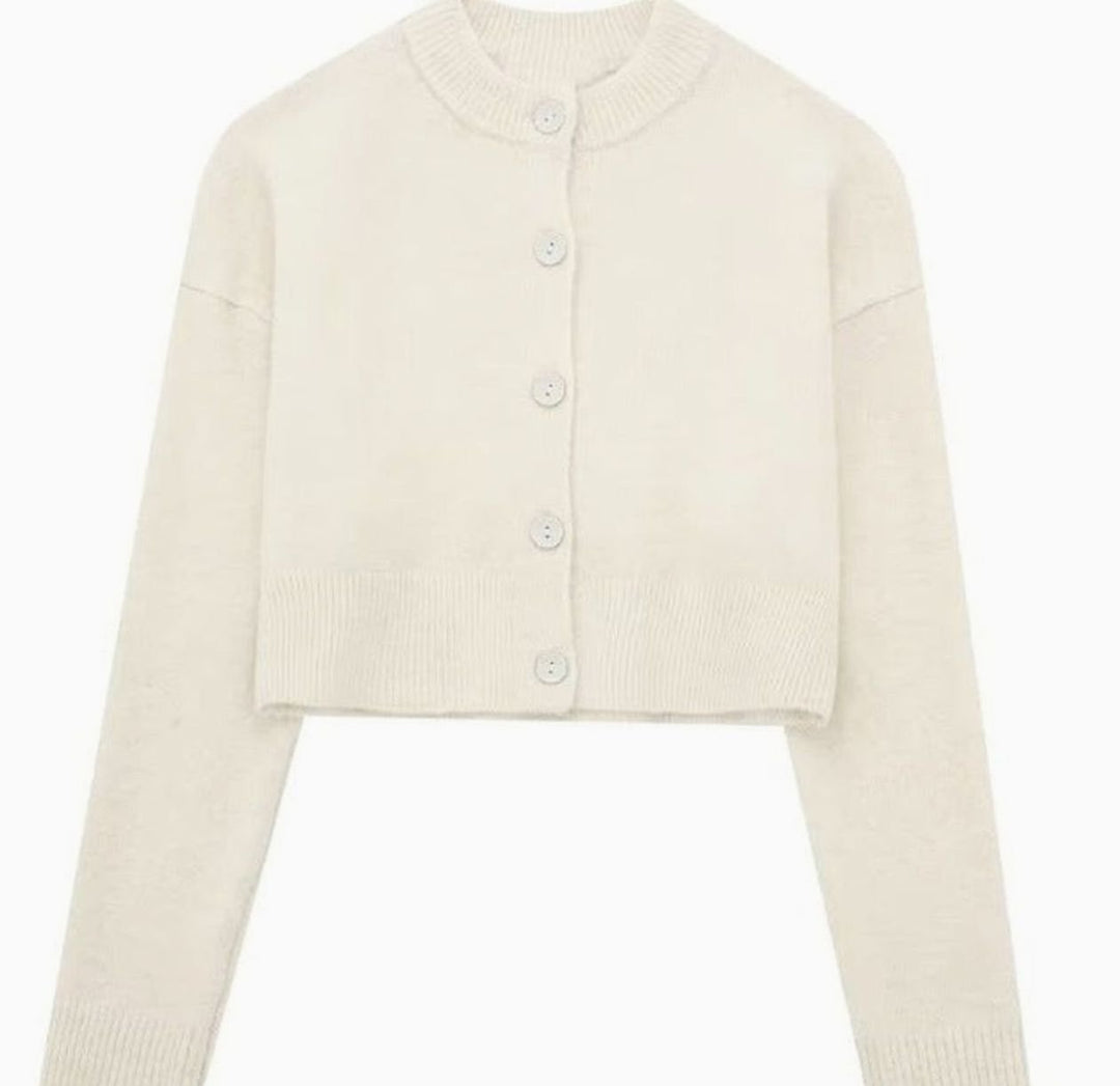 Women's Cropped Oversized Knit Cardigan Round Neck Button-Up