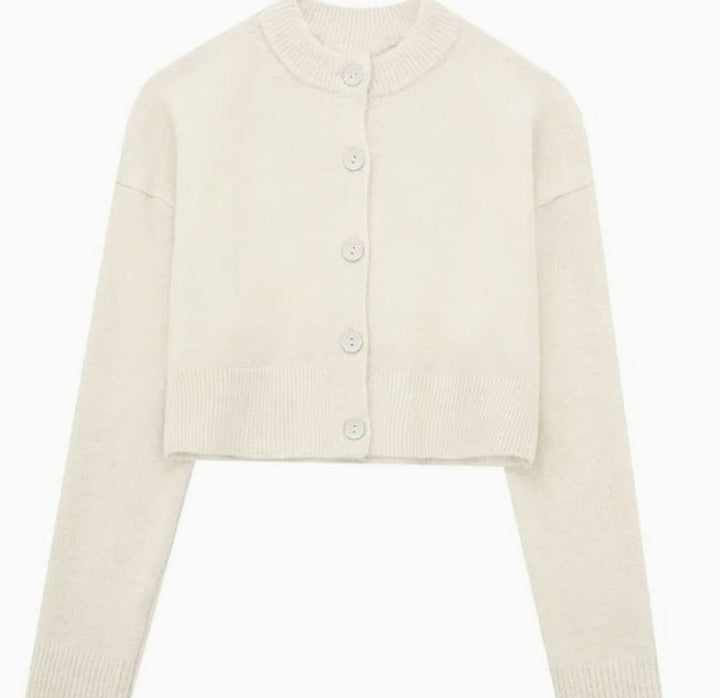 Women's Cropped Oversized Knit Cardigan Round Neck Button-Up