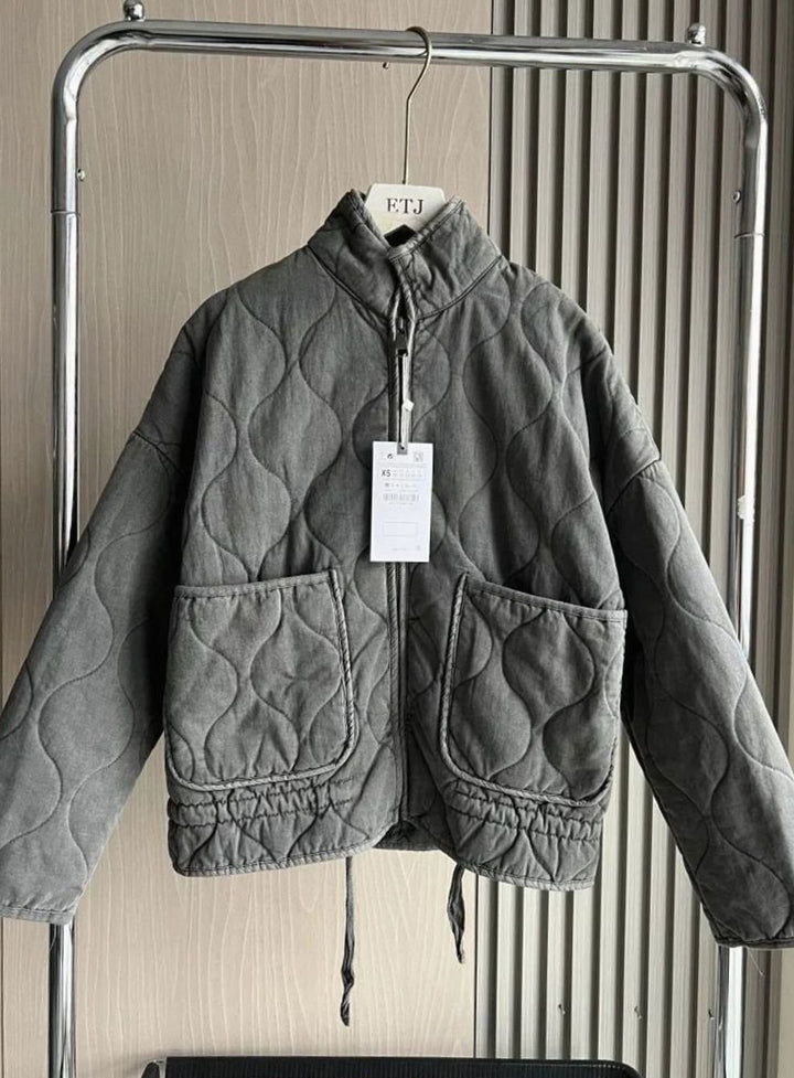 Women's Cropped Quilted Zip-Up Puffer Jacket Drawstring Hem