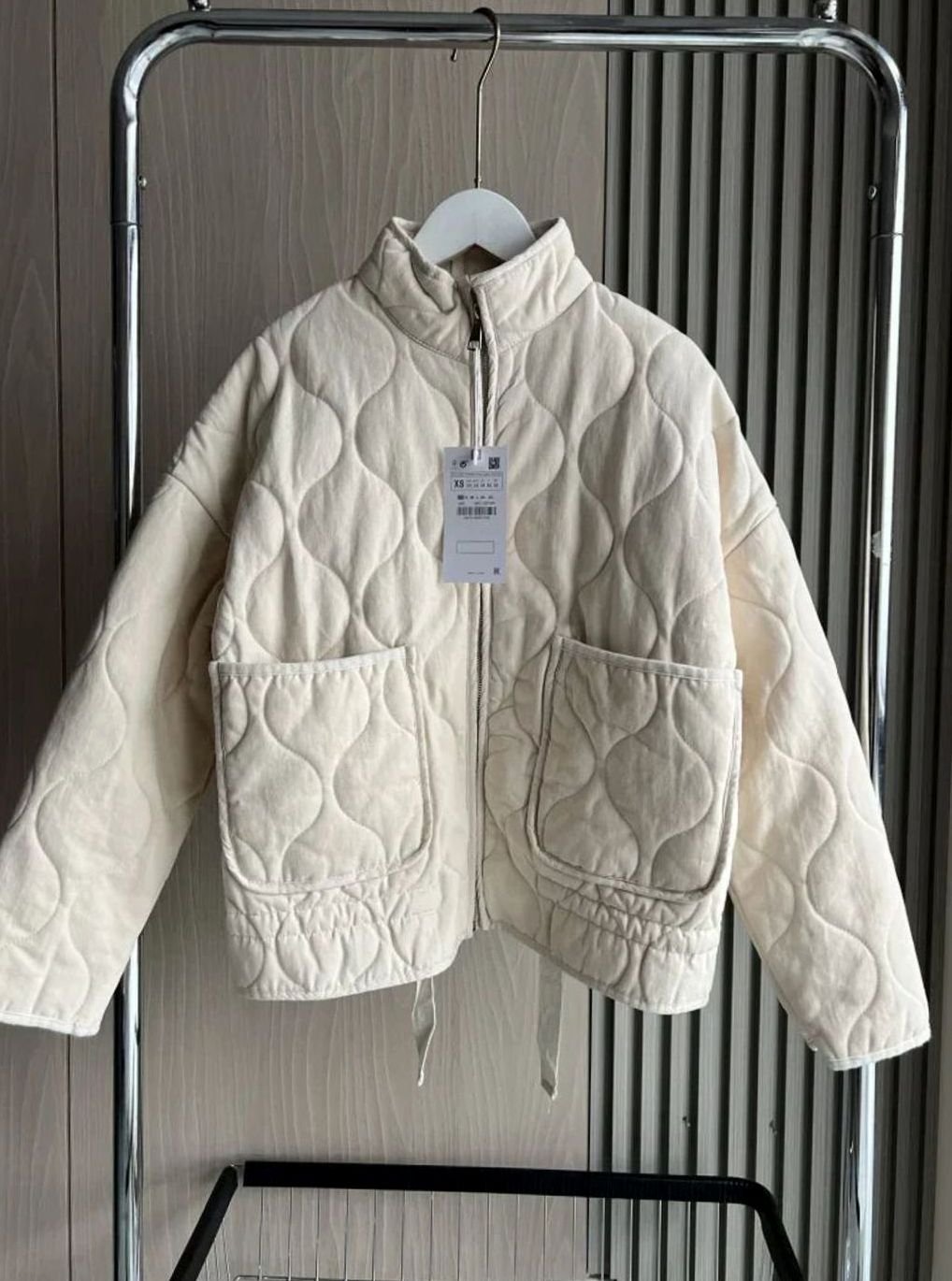 Women's Cropped Quilted Zip-Up Puffer Jacket Drawstring Hem - Beige
