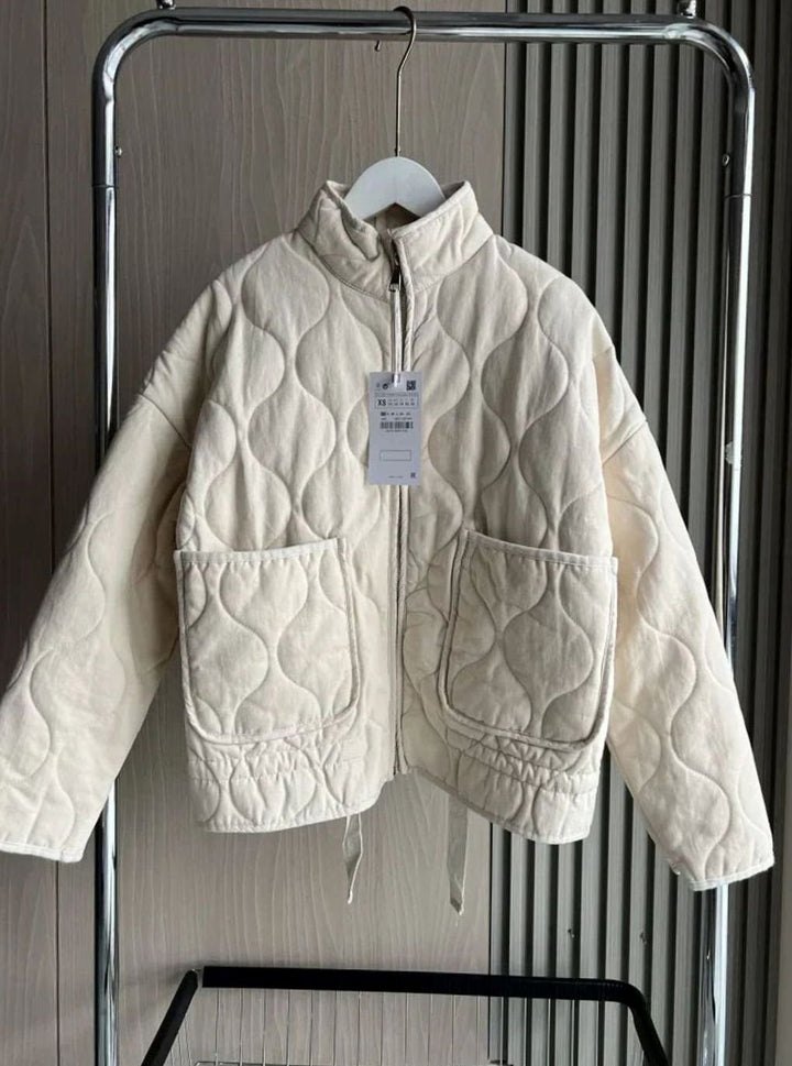 Women's Cropped Quilted Zip-Up Puffer Jacket Drawstring Hem - Beige