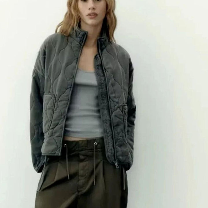 Women's Cropped Quilted Zip-Up Puffer Jacket Drawstring Hem