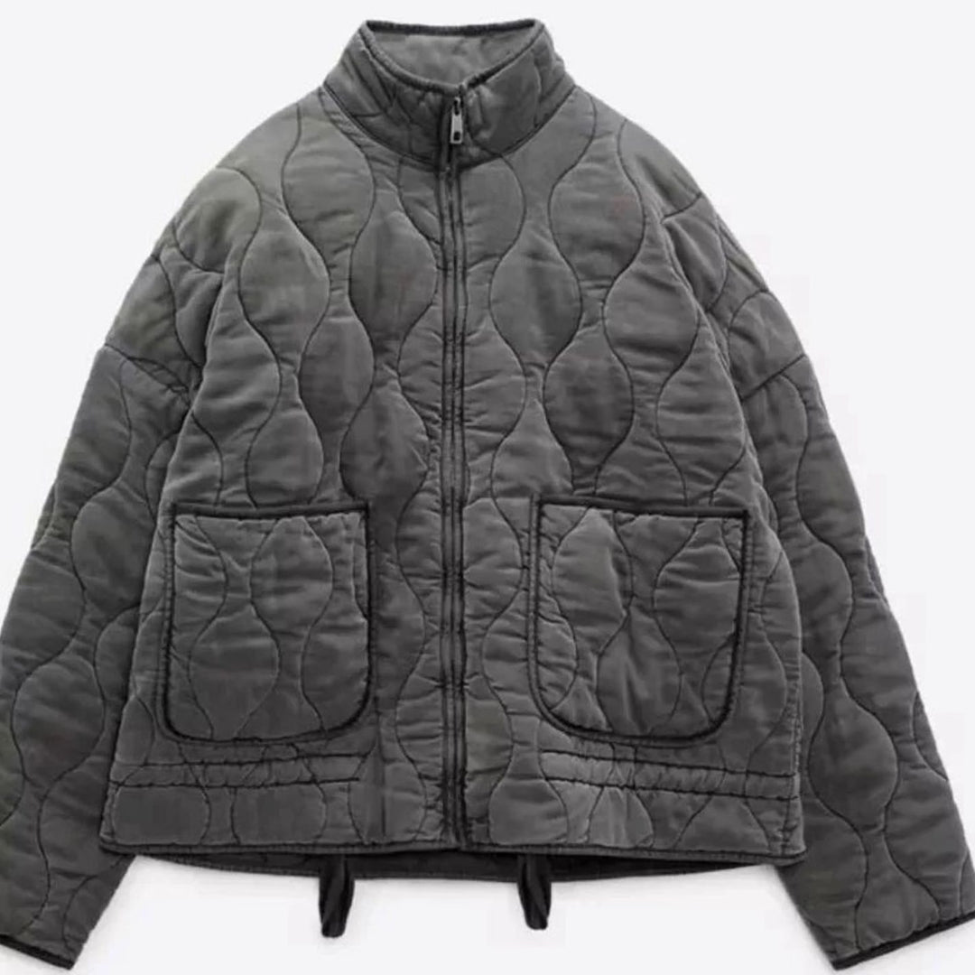 Women's Cropped Quilted Zip-Up Puffer Jacket Drawstring Hem - Dark Grey