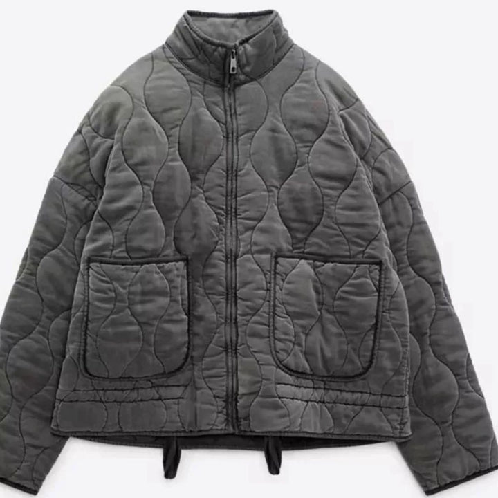 Women's Cropped Quilted Zip-Up Puffer Jacket Drawstring Hem - Dark Grey
