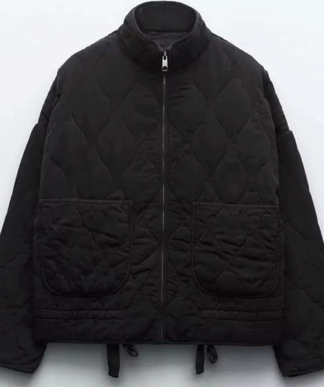 Women's Cropped Quilted Zip-Up Puffer Jacket Drawstring Hem - Black