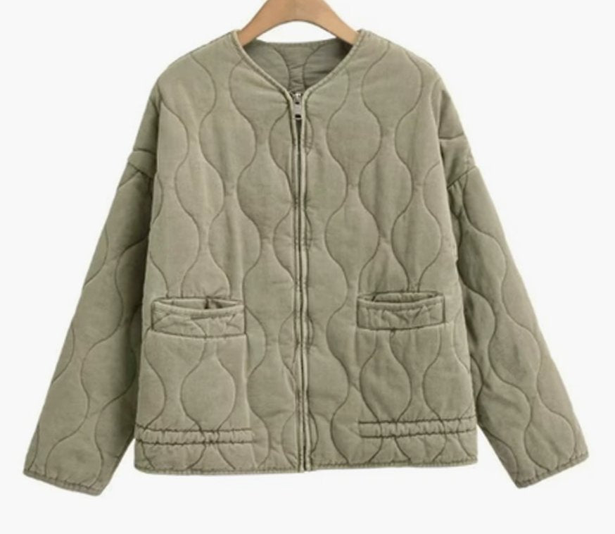 Women's Cropped Quilted Zip-Up Puffer Jacket Drawstring Hem - Olive Green