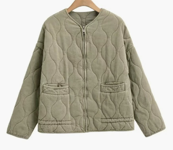 Women's Cropped Quilted Zip-Up Puffer Jacket Drawstring Hem - Olive Green