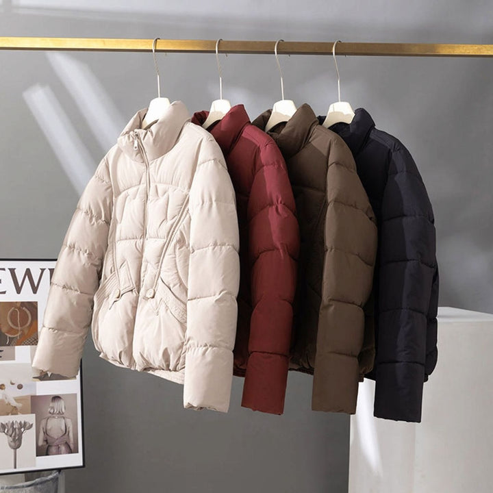 Women's Cropped Quilted Zip-Up Puffer Jacket Stand Collar